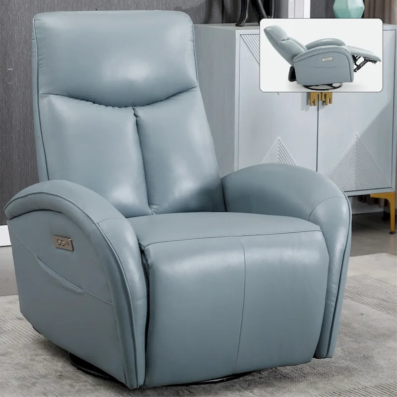 Fauteuil inclinable électrique pivotant et coulissant en cuir véritable bleu avec ports USB, USB-C et poches latérales