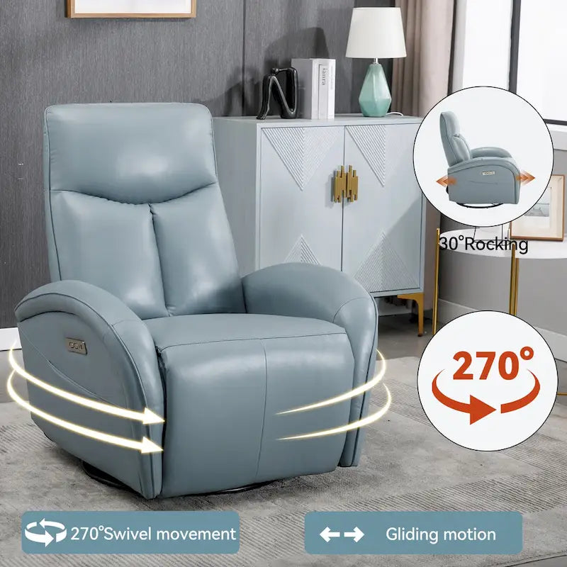 Fauteuil inclinable électrique pivotant et coulissant en cuir véritable bleu avec ports USB, USB-C et poches latérales