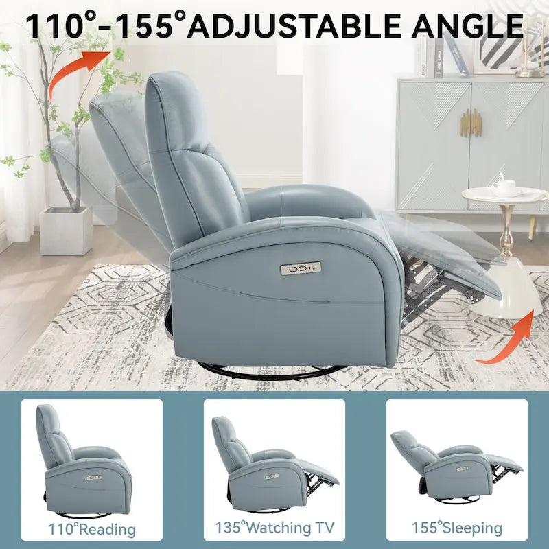 Fauteuil inclinable électrique pivotant et coulissant en cuir véritable bleu avec ports USB, USB-C et poches latérales
