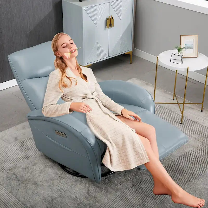 Fauteuil inclinable électrique pivotant et coulissant en cuir véritable bleu avec ports USB, USB-C et poches latérales