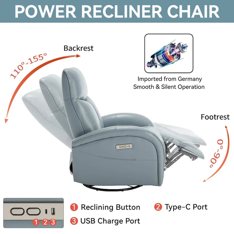 Fauteuil inclinable électrique pivotant et coulissant en cuir véritable bleu avec ports USB, USB-C et poches latérales