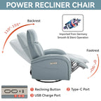 Fauteuil inclinable électrique pivotant et coulissant en cuir véritable bleu avec ports USB, USB-C et poches latérales