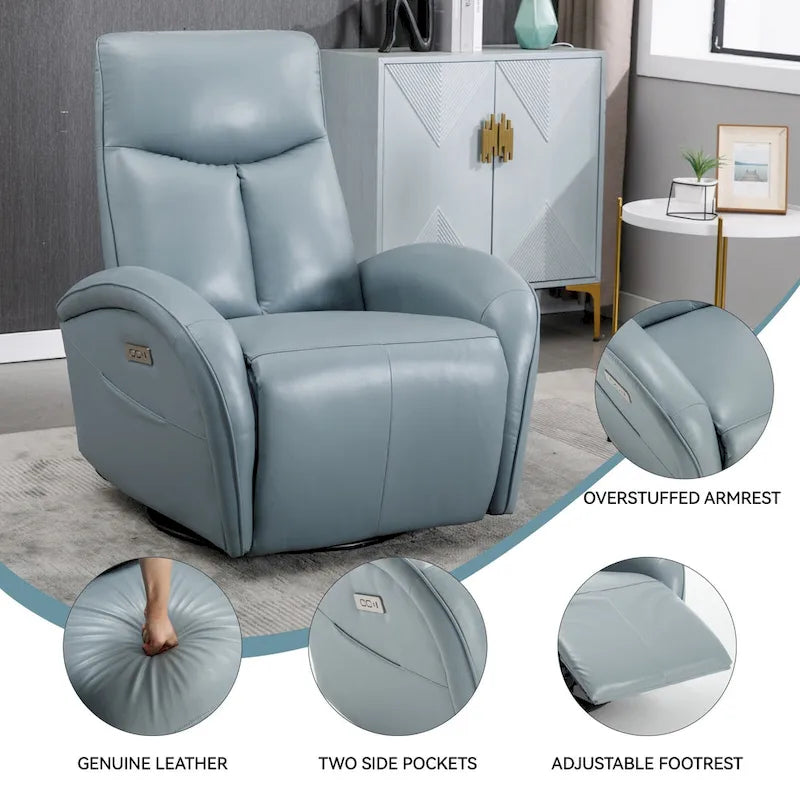 Fauteuil inclinable électrique pivotant et coulissant en cuir véritable bleu avec ports USB, USB-C et poches latérales