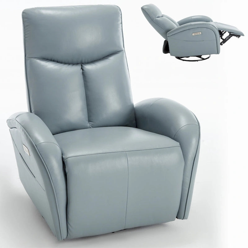 Fauteuil inclinable électrique pivotant et coulissant en cuir véritable bleu avec ports USB, USB-C et poches latérales