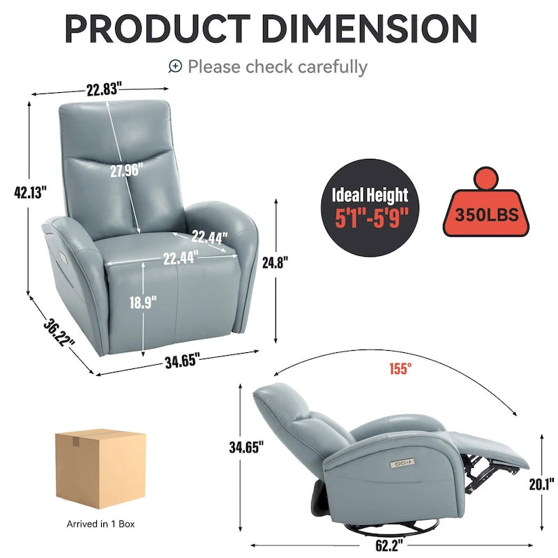 Fauteuil inclinable électrique pivotant et coulissant en cuir véritable bleu avec ports USB, USB-C et poches latérales