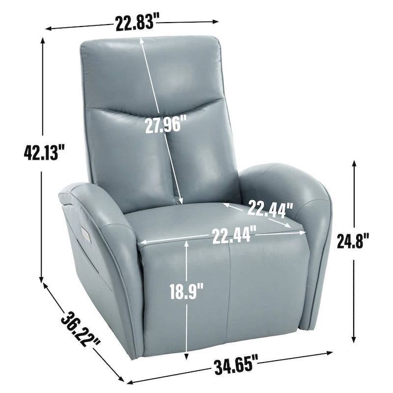 Fauteuil inclinable électrique pivotant et coulissant en cuir véritable bleu avec ports USB, USB-C et poches latérales