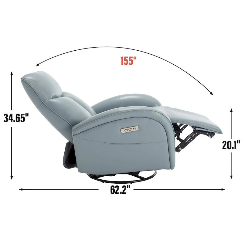 Fauteuil inclinable électrique pivotant et coulissant en cuir véritable bleu avec ports USB, USB-C et poches latérales