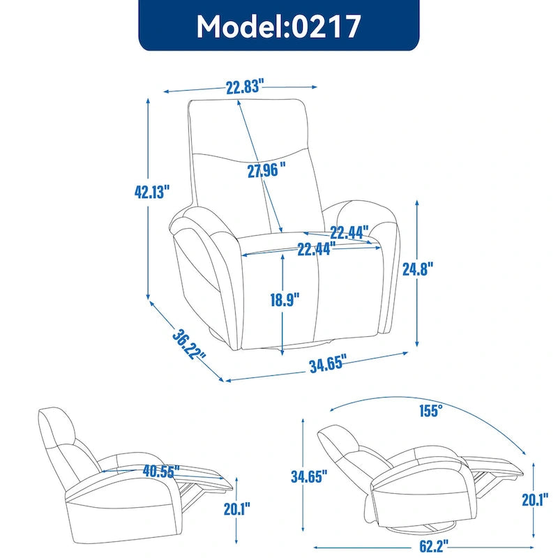 Fauteuil inclinable électrique pivotant et coulissant en cuir véritable bleu avec ports USB, USB-C et poches latérales