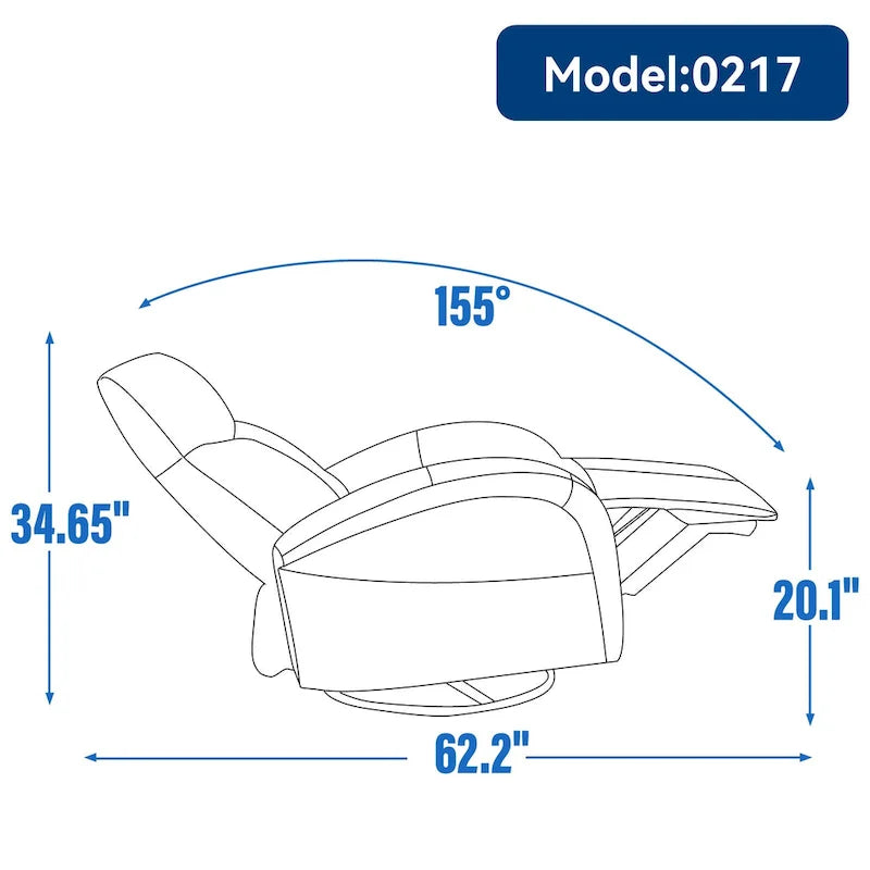 Fauteuil inclinable électrique pivotant et coulissant en cuir véritable bleu avec ports USB, USB-C et poches latérales