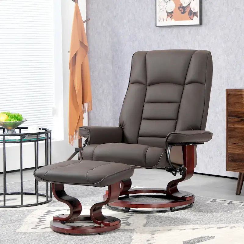 Fauteuil inclinable avec pouf, Fauteuil inclinable pivotant avec pouf, Fauteuil inclinable en similicuir avec dossier haut et cadre en bois