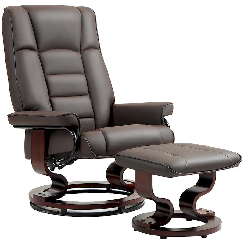 Fauteuil inclinable avec pouf, Fauteuil inclinable pivotant avec pouf, Fauteuil inclinable en similicuir avec dossier haut et cadre en bois