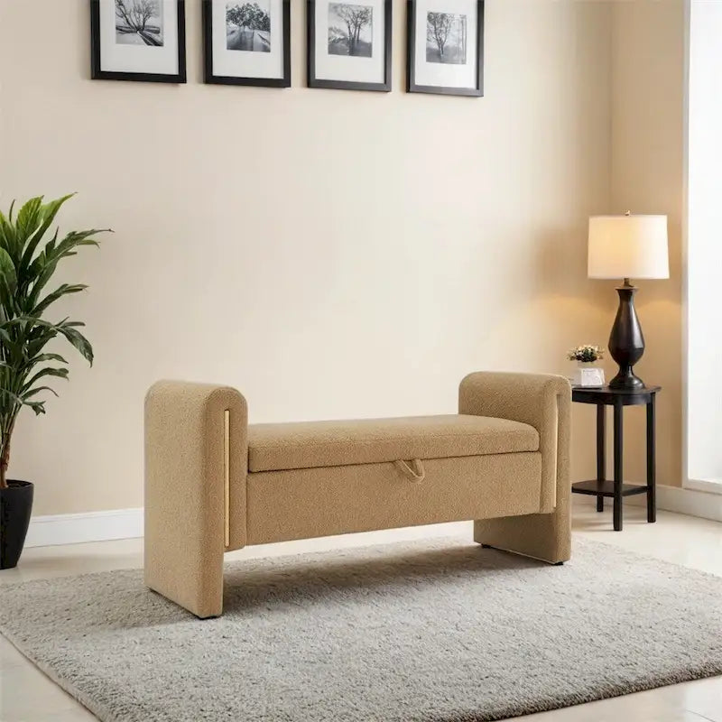 Banc de bout de lit moderne avec accoudoirs et rangement, tabouret repose-pieds rembourré