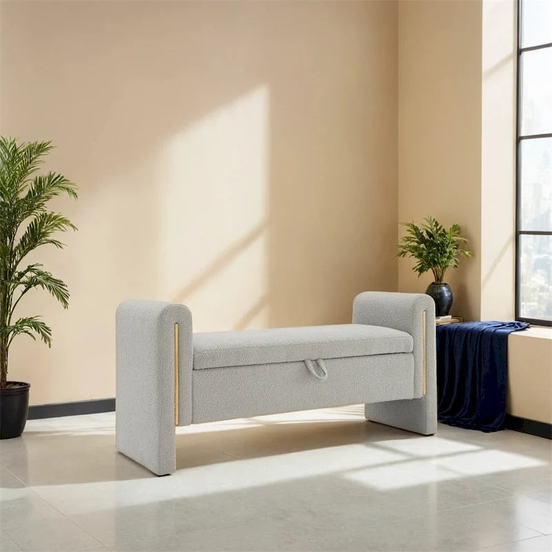 Banc de bout de lit moderne avec accoudoirs et rangement, tabouret repose-pieds rembourré