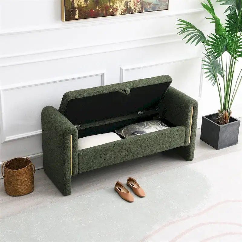 Banc de bout de lit moderne avec accoudoirs et rangement, tabouret repose-pieds rembourré