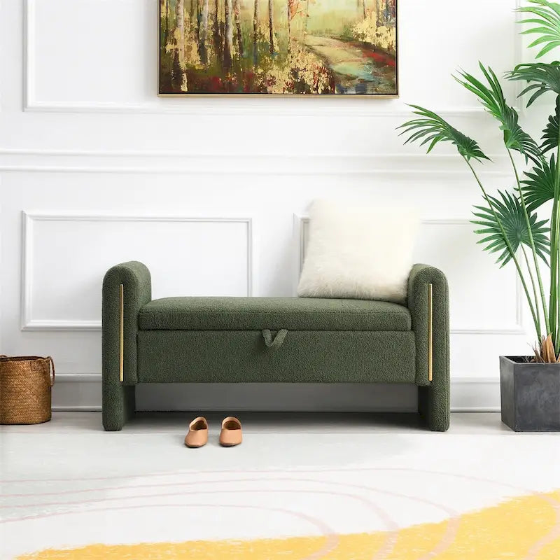 Banc de bout de lit moderne avec accoudoirs et rangement, tabouret repose-pieds rembourré
