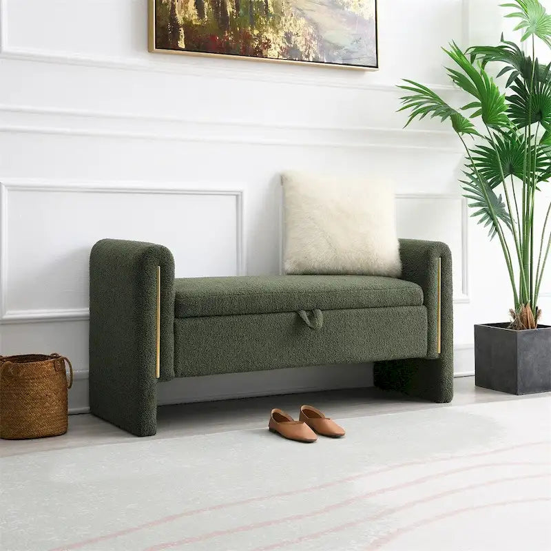 Banc de bout de lit moderne avec accoudoirs et rangement, tabouret repose-pieds rembourré