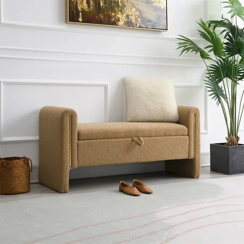 Banc de bout de lit moderne avec accoudoirs et rangement, tabouret repose-pieds rembourré