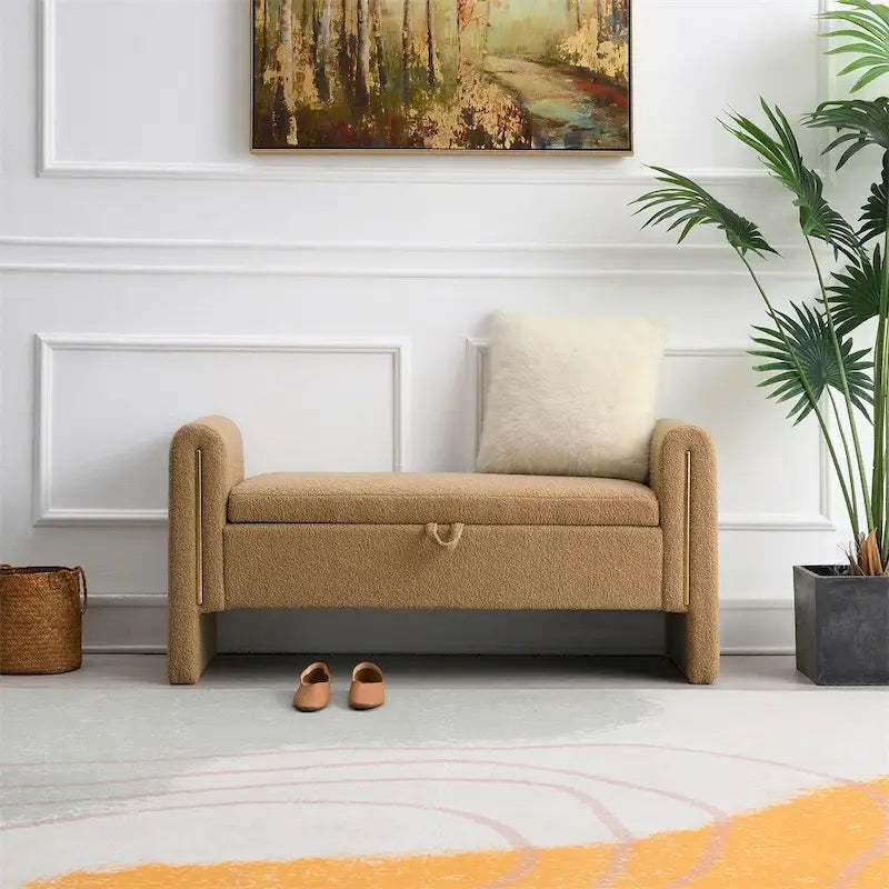 Banc de bout de lit moderne avec accoudoirs et rangement, tabouret repose-pieds rembourré