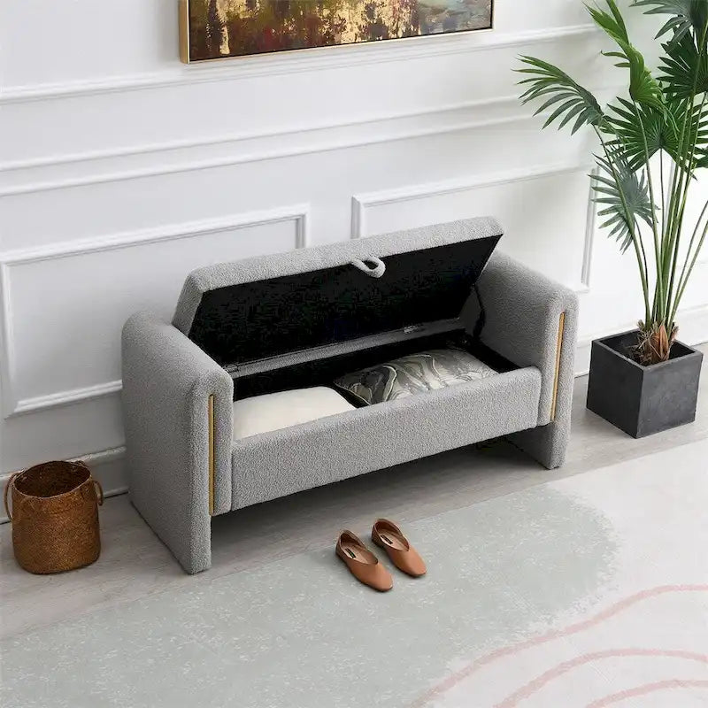 Banc de bout de lit moderne avec accoudoirs et rangement, tabouret repose-pieds rembourré