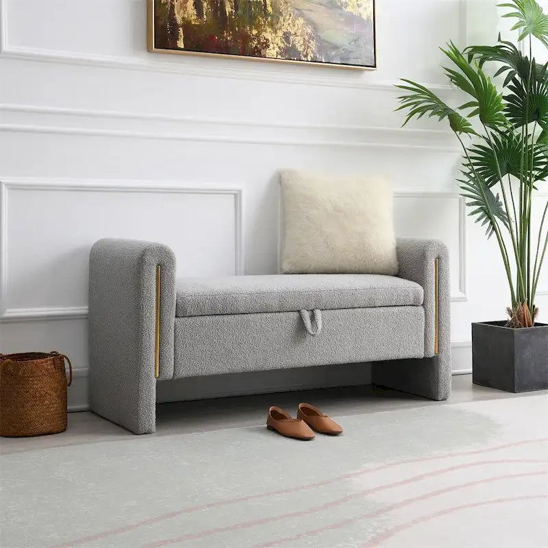 Banc de bout de lit moderne avec accoudoirs et rangement, tabouret repose-pieds rembourré