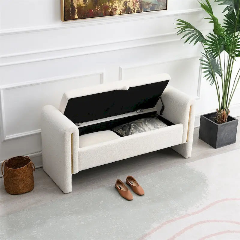Banc de bout de lit moderne avec accoudoirs et rangement, tabouret repose-pieds rembourré