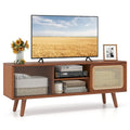 Meuble TV Mid-Century Modern avec portes coulissantes en rotin et verre trempé