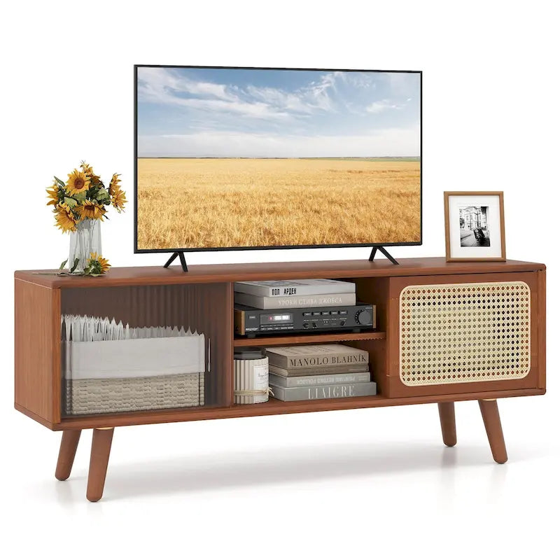 Meuble TV Mid-Century Modern avec portes coulissantes en rotin et verre trempé
