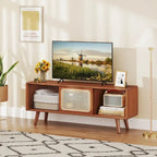 Meuble TV Mid-Century Modern avec portes coulissantes en rotin et verre trempé