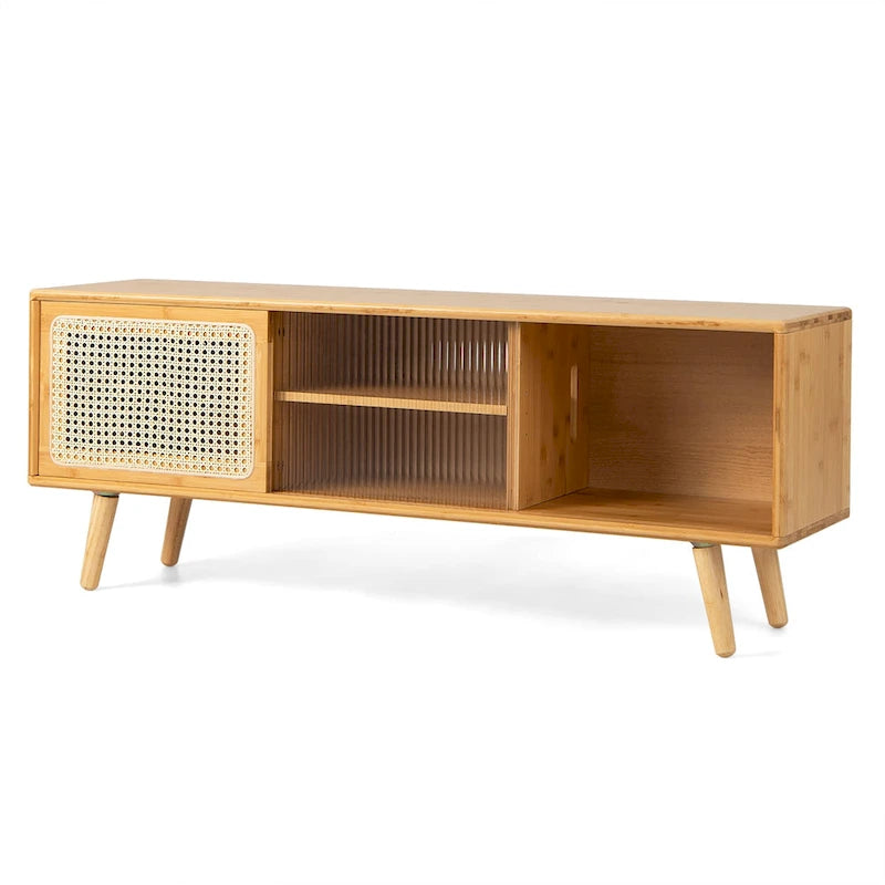 Meuble TV Mid-Century Modern avec portes coulissantes en rotin et verre trempé