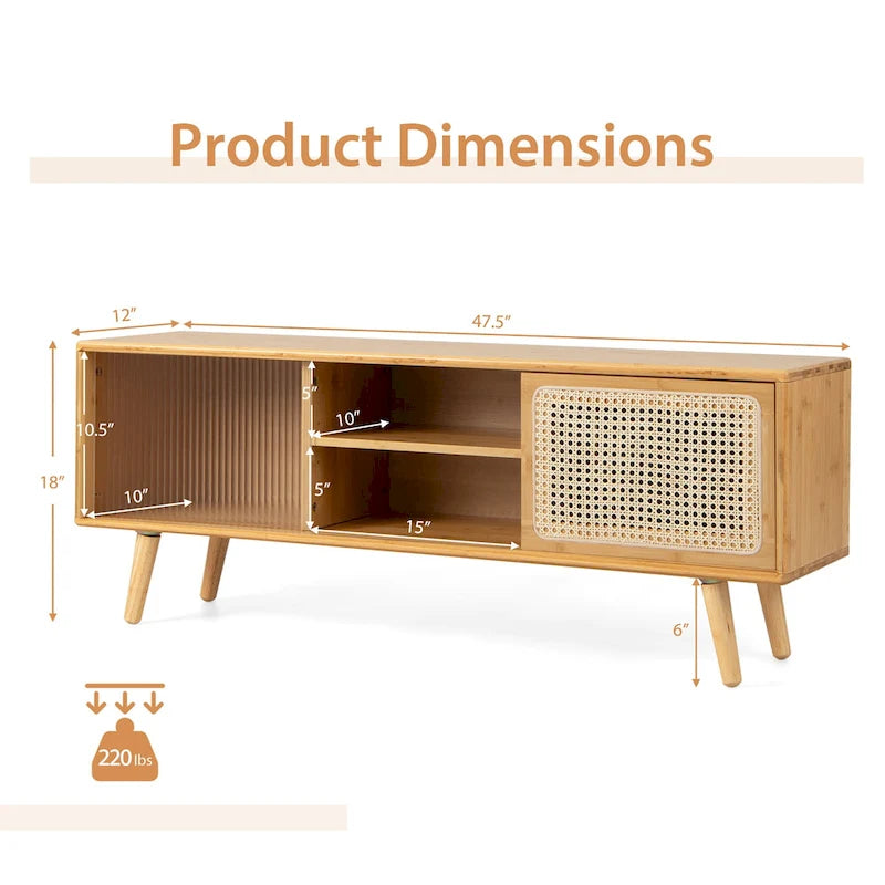 Meuble TV Mid-Century Modern avec portes coulissantes en rotin et verre trempé