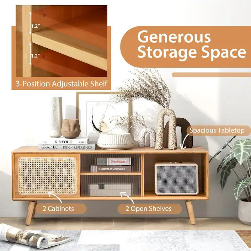 Meuble TV Mid-Century Modern avec portes coulissantes en rotin et verre trempé