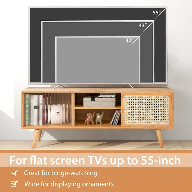 Meuble TV Mid-Century Modern avec portes coulissantes en rotin et verre trempé