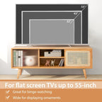 Meuble TV Mid-Century Modern avec portes coulissantes en rotin et verre trempé