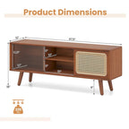 Meuble TV Mid-Century Modern avec portes coulissantes en rotin et verre trempé