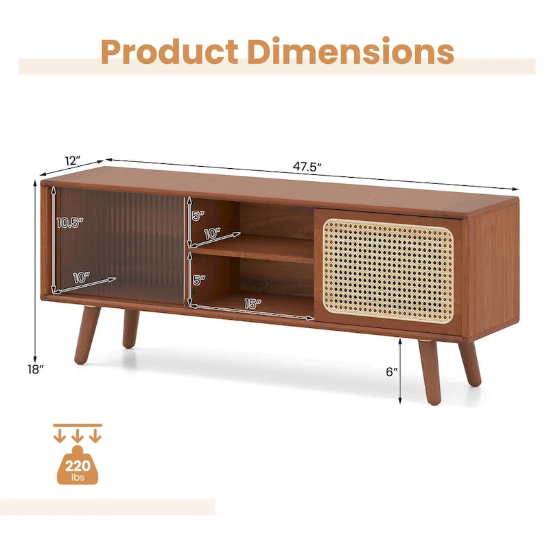 Meuble TV Mid-Century Modern avec portes coulissantes en rotin et verre trempé