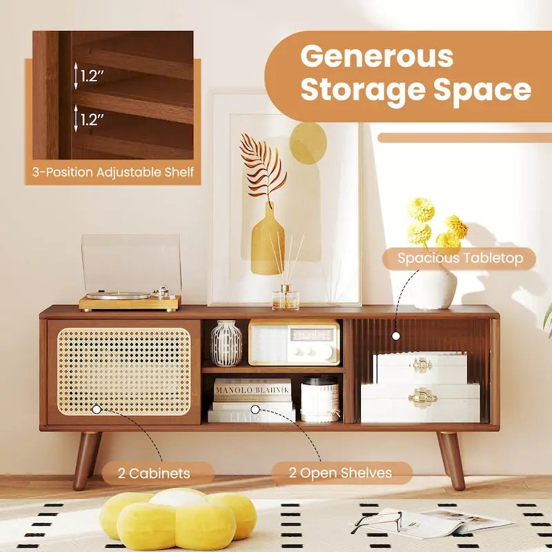 Meuble TV Mid-Century Modern avec portes coulissantes en rotin et verre trempé