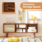 Meuble TV Mid-Century Modern avec portes coulissantes en rotin et verre trempé