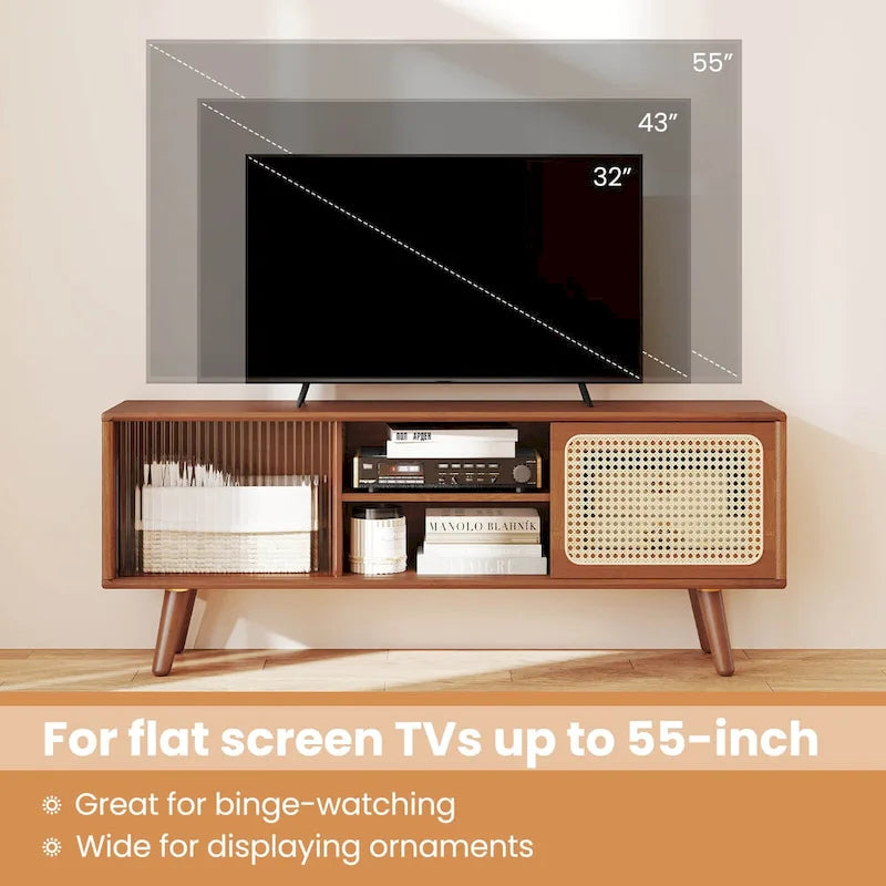 Meuble TV Mid-Century Modern avec portes coulissantes en rotin et verre trempé