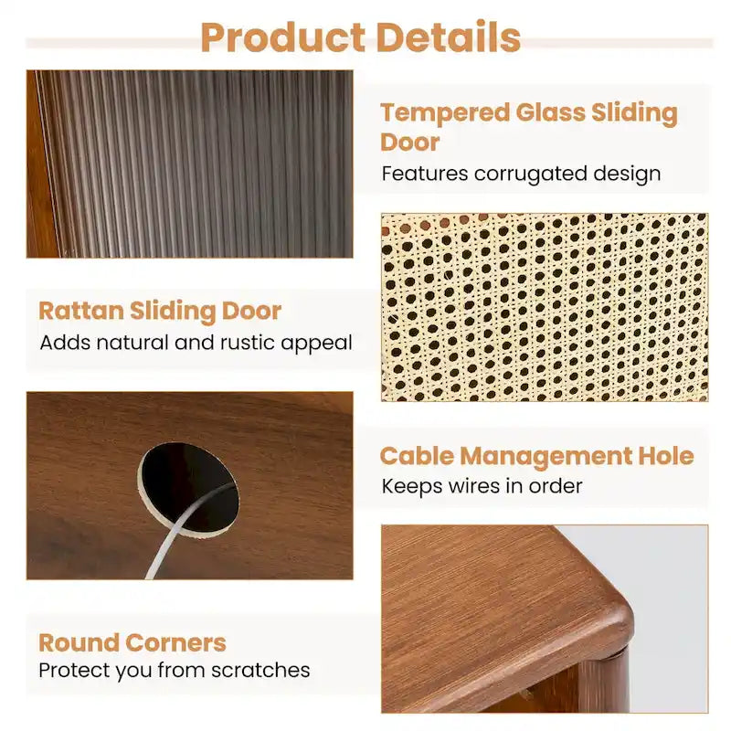 Meuble TV Mid-Century Modern avec portes coulissantes en rotin et verre trempé