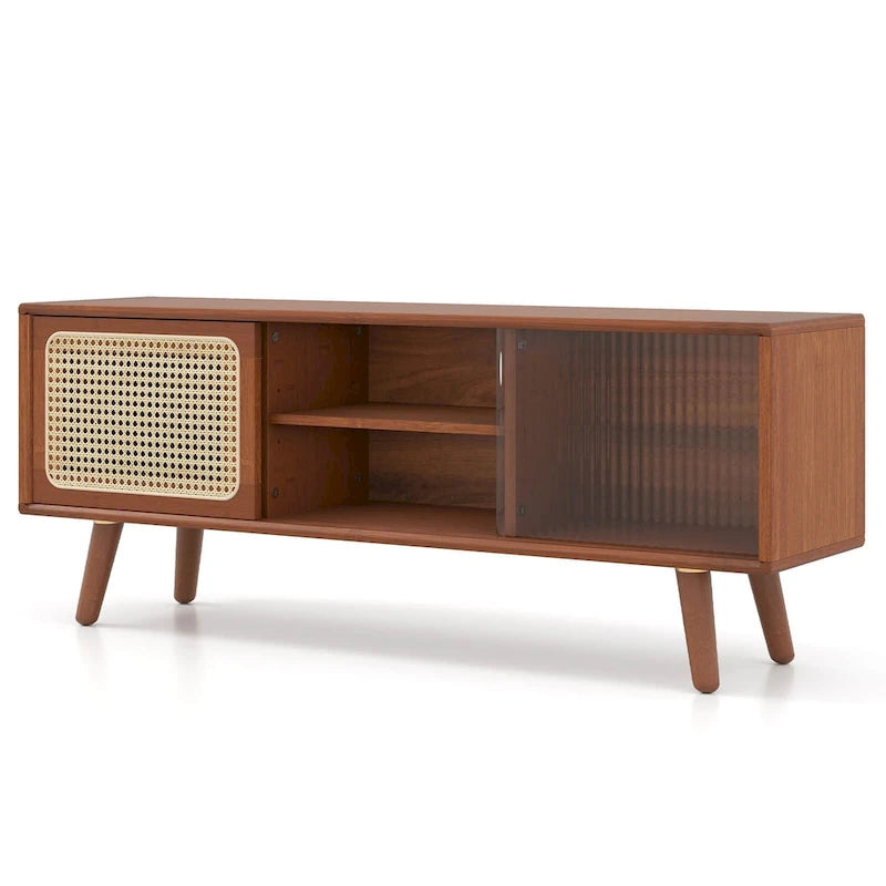 Meuble TV Mid-Century Modern avec portes coulissantes en rotin et verre trempé