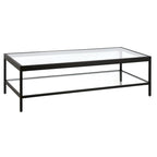 Table basse rectangulaire contemporaine de 137 cm avec plateau en verre et base en acier, étagère inférieure pour rangement, parfaite pour le salon