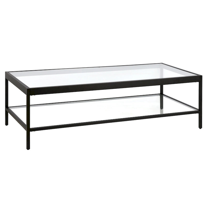 Table basse rectangulaire contemporaine de 137 cm avec plateau en verre et base en acier, étagère inférieure pour rangement, parfaite pour le salon