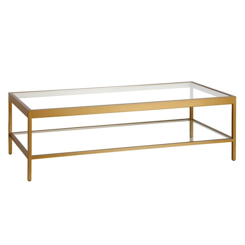 Table basse rectangulaire contemporaine de 137 cm avec plateau en verre et base en acier, étagère inférieure pour rangement, parfaite pour le salon