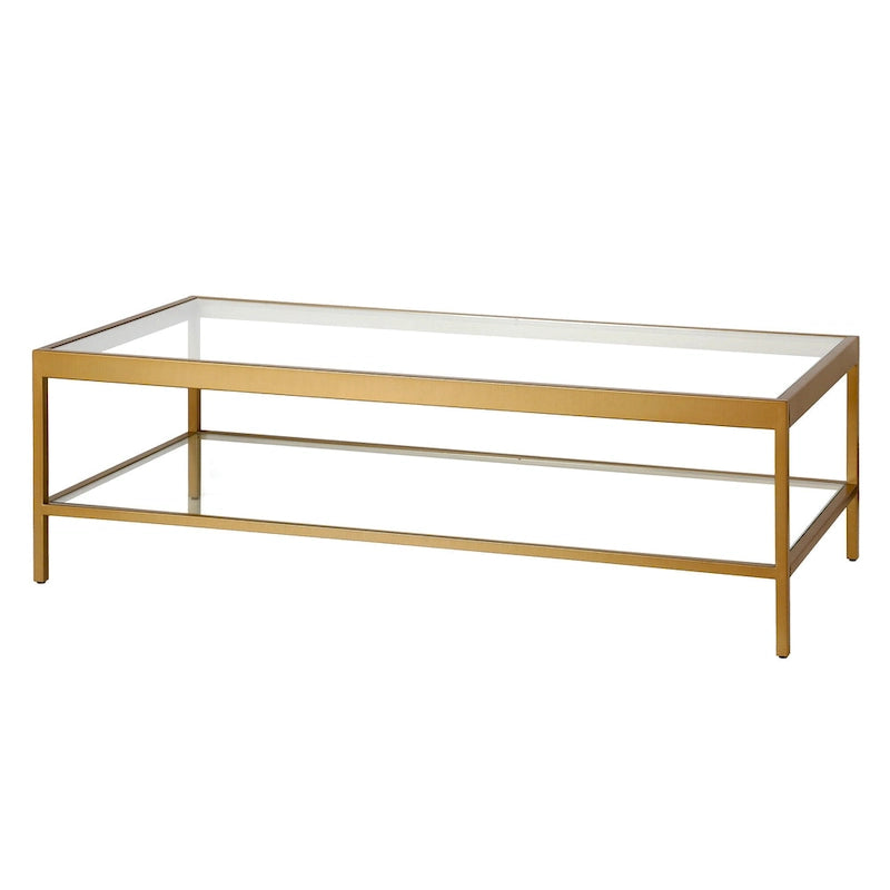 Table basse rectangulaire contemporaine de 137 cm avec plateau en verre et base en acier, étagère inférieure pour rangement, parfaite pour le salon