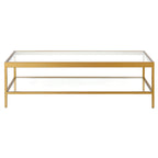 Table basse rectangulaire contemporaine de 137 cm avec plateau en verre et base en acier, étagère inférieure pour rangement, parfaite pour le salon