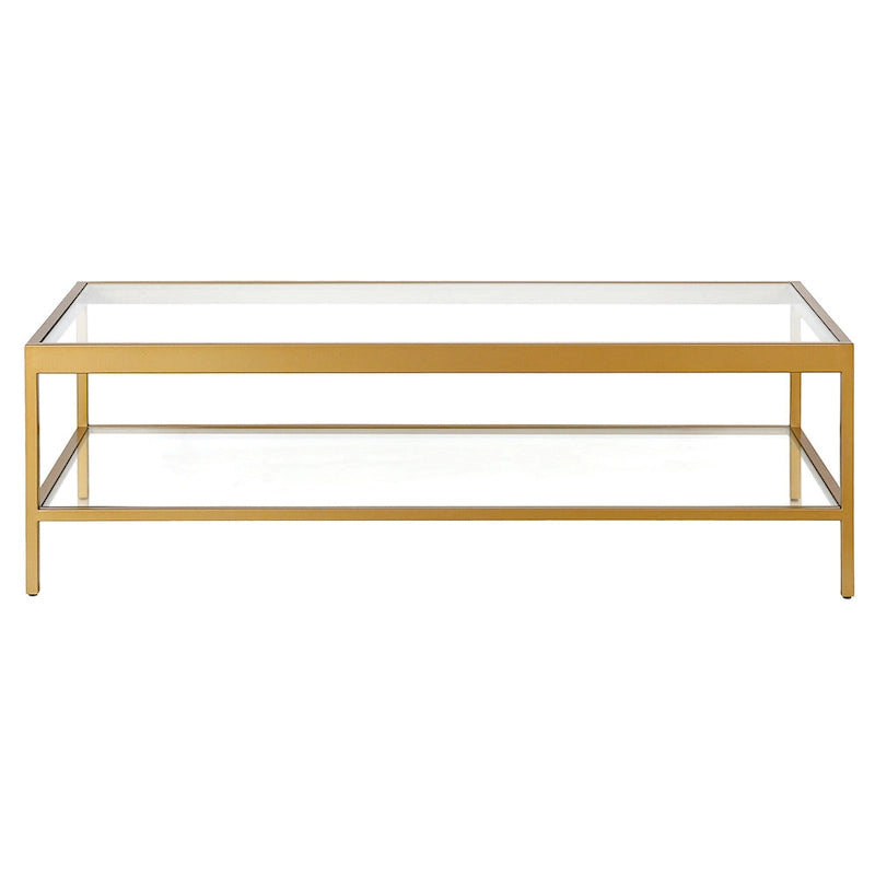 Table basse rectangulaire contemporaine de 137 cm avec plateau en verre et base en acier, étagère inférieure pour rangement, parfaite pour le salon