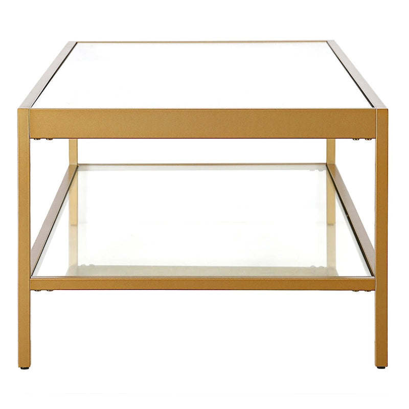 Table basse rectangulaire contemporaine de 137 cm avec plateau en verre et base en acier, étagère inférieure pour rangement, parfaite pour le salon