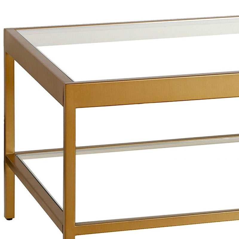 Table basse rectangulaire contemporaine de 137 cm avec plateau en verre et base en acier, étagère inférieure pour rangement, parfaite pour le salon