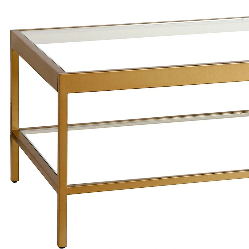 Table basse rectangulaire contemporaine de 137 cm avec plateau en verre et base en acier, étagère inférieure pour rangement, parfaite pour le salon