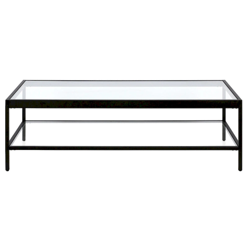 Table basse rectangulaire contemporaine de 137 cm avec plateau en verre et base en acier, étagère inférieure pour rangement, parfaite pour le salon